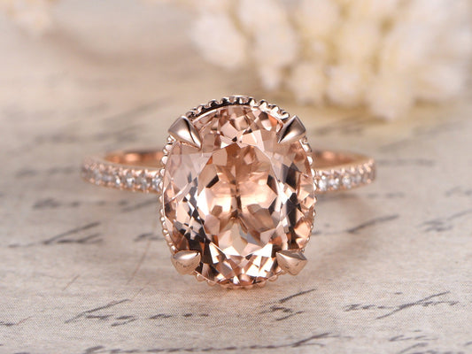Bague de fiançailles ovale en morganite 9x11mm, bague en or rose avec morganite et diamants, alliance, bague de demande en mariage, bague d'anniversaire, cadeau pour elle