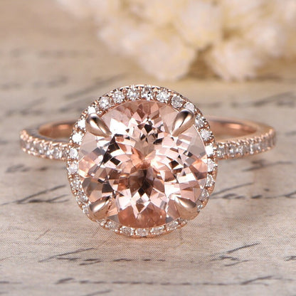 Bague de fiançailles en or rose 14 carats avec morganite et diamants, alliance sertie d'un halo de diamants, bague de fiançailles avec morganite ronde de 9 mm, bague de promesse de mariage