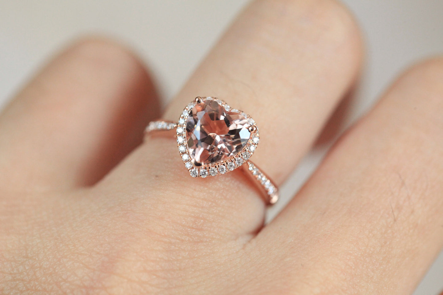 8mm Heart Cut Morganite Engagement Ring 14K Rose Gold Diamond Halo Half Eternity