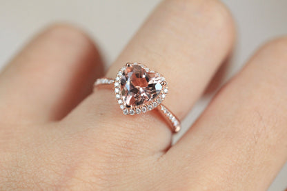 8mm Heart Cut Morganite Engagement Ring 14K Rose Gold Diamond Halo Half Eternity