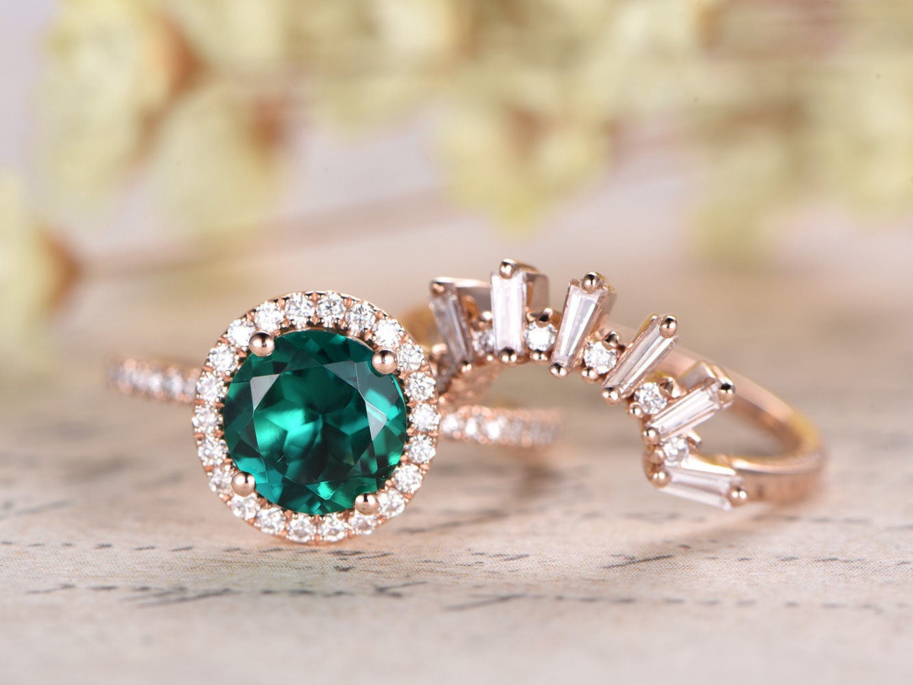 Bague de fiançailles en émeraude, bague en émeraude ronde de 7 mm, alliance VintageCrown en diamants, ensemble de 2 bagues en or rose 14 carats, bague d'anniversaire