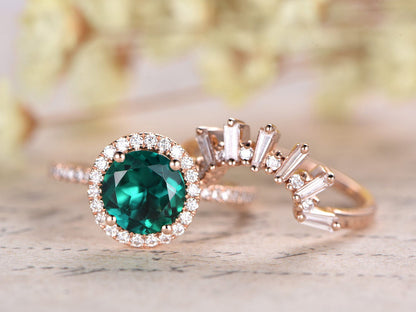 Bague de fiançailles en émeraude, bague en émeraude ronde de 7 mm, alliance VintageCrown en diamants, ensemble de 2 bagues en or rose 14 carats, bague d'anniversaire