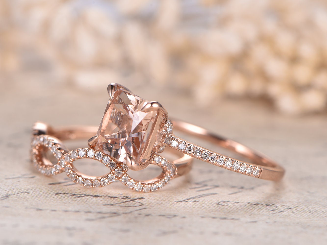 8mm Princess Cut Morganite Engagement Ring Set 2pcs 14K Rose Gold Solitaire | Diamond Split Shank Matching Band
