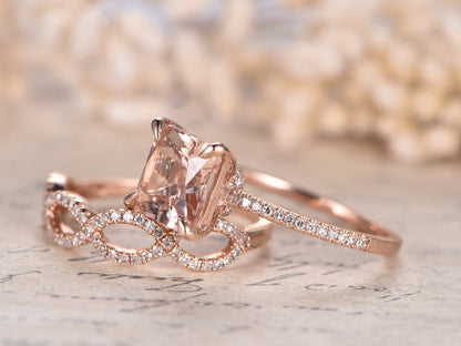 8mm Princess Cut Morganite Engagement Ring Set 2pcs 14K Rose Gold Solitaire | Diamond Split Shank Matching Band