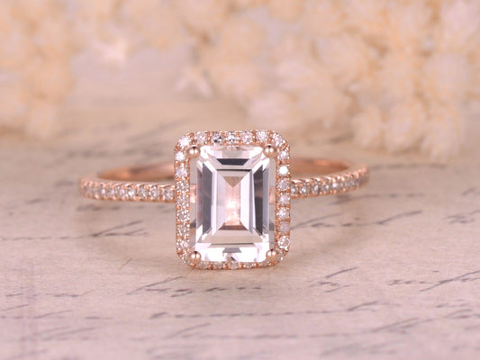 6x8mm-emerald-cut-white-topaz-engagement-ring-14k-rose-gold-diamond-halo-half-eternity-band-design-ball-prongs