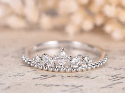marquise-shaped-crown-diamond-wedding-band-14k-white-gold-ball-design-plain-band