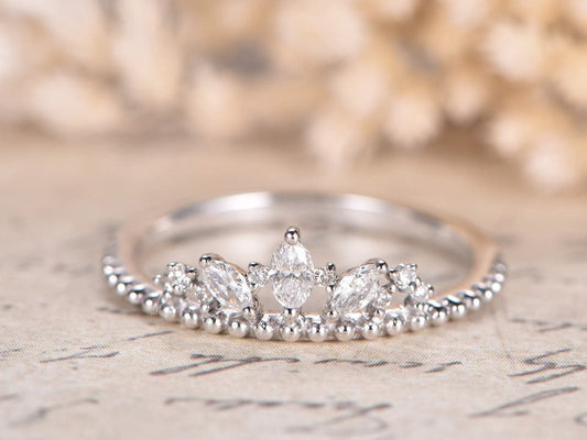 marquise-shaped-crown-diamond-wedding-band-14k-white-gold-ball-design-plain-band