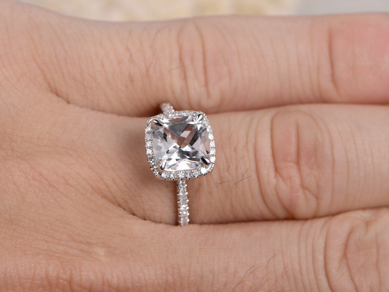 8mm Cushion Cut White Topaz Engagement Ring 14K White Gold Diamond Halo Design