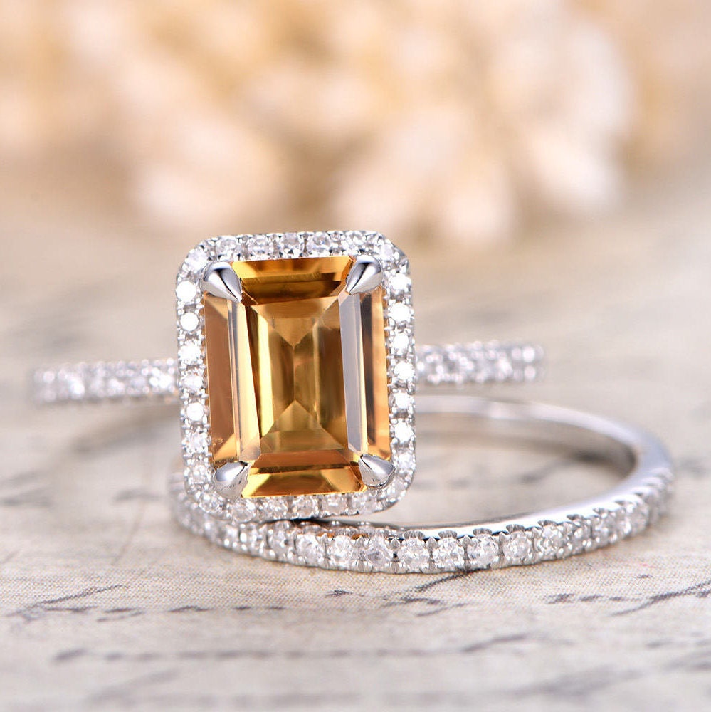 6x8mm Emerald Cut Citrine Engagement Ring Set 2pcs 14K White Gold Diamond Halo Half Eternity