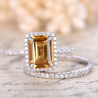 6x8mm Emerald Cut Citrine Engagement Ring Set 2pcs 14K White Gold Diamond Halo Half Eternity
