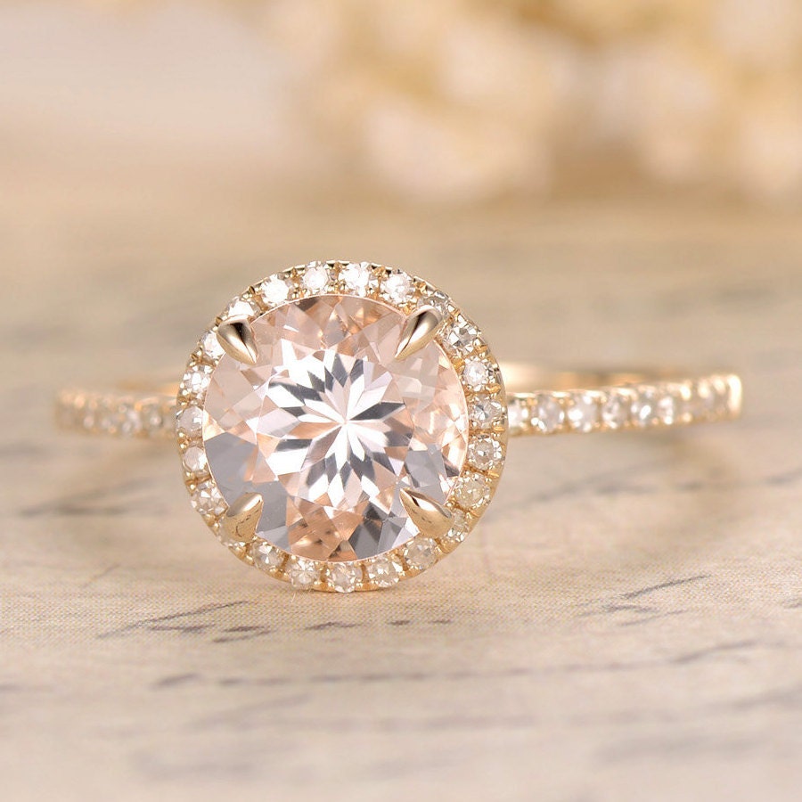 Bague de fiançailles en morganite ronde de 7 mm, sertie de diamants pavés, alliance et halo de diamants, cadeau de Saint-Valentin, or jaune 14 carats, style vintage.
