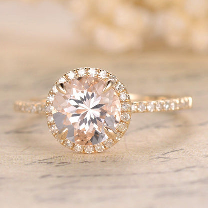 Bague de fiançailles en morganite ronde de 7 mm, sertie de diamants pavés, alliance et halo de diamants, cadeau de Saint-Valentin, or jaune 14 carats, style vintage.