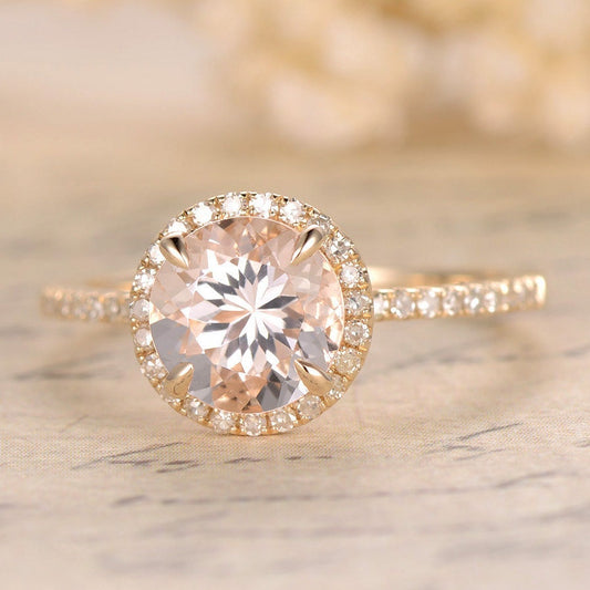 Bague de fiançailles en morganite ronde de 7 mm, sertie de diamants pavés, alliance et halo de diamants, cadeau de Saint-Valentin, or jaune 14 carats, style vintage.