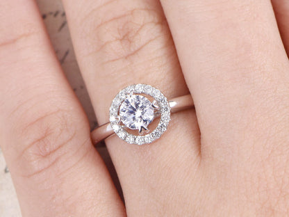 Bague en or blanc 14 carats avec moissanite, alliance, bague de fiançailles avec moissanite ronde de 5 mm, bague unique, bague en diamant, bague Art déco