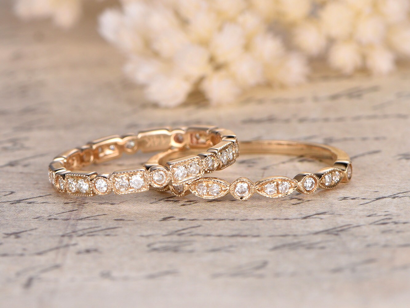 Diamond Wedding Band Set 2pcs 14K Yellow Gold Art Deco | One Half Eternity Band | One Full Eternity Band