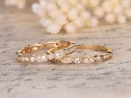 Diamond Wedding Band Set 2pcs 14K Yellow Gold Art Deco | One Half Eternity Band | One Full Eternity Band