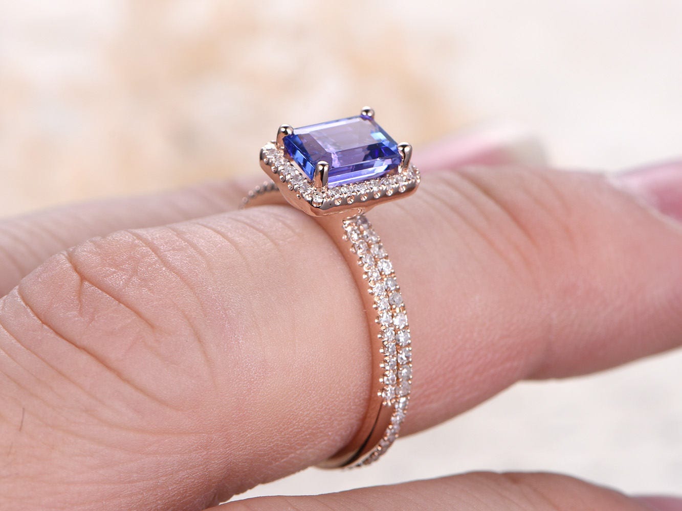 5X7mm Emerald Cut Tanzanite Engagement Ring Set 2pcs 14K Rose Gold Diamond Halo
