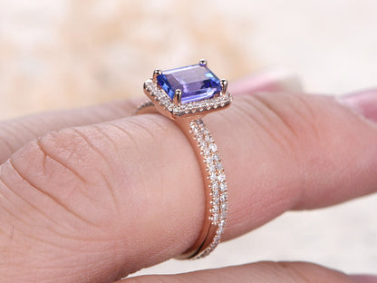 5X7mm Emerald Cut Tanzanite Engagement Ring Set 2pcs 14K Rose Gold Diamond Halo