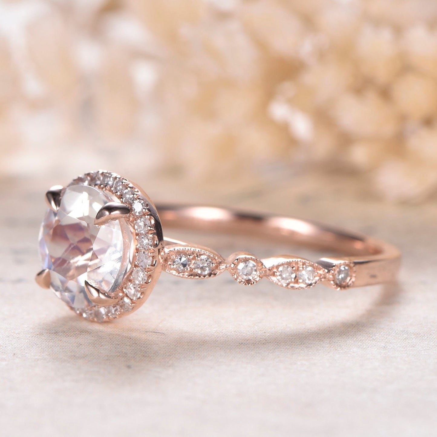 7mm Round Cut Moonstone Engagement Ring 14K Rose Gold Diamond Halo Art Deco Design