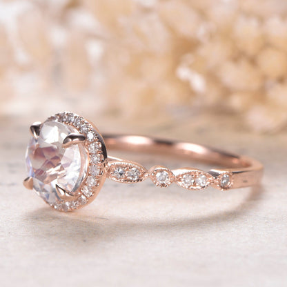 7mm Round Cut Moonstone Engagement Ring 14K Rose Gold Diamond Halo Art Deco Design