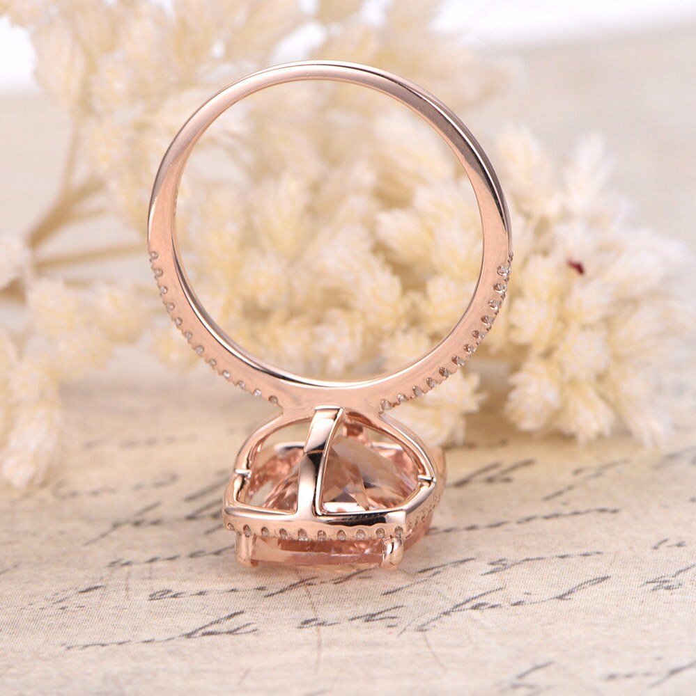 Bague en or rose 14 carats sertie de morganite, bague de fiançailles pavée de diamants, alliance avec halo de diamants, morganite taille coussin 10x12 mm