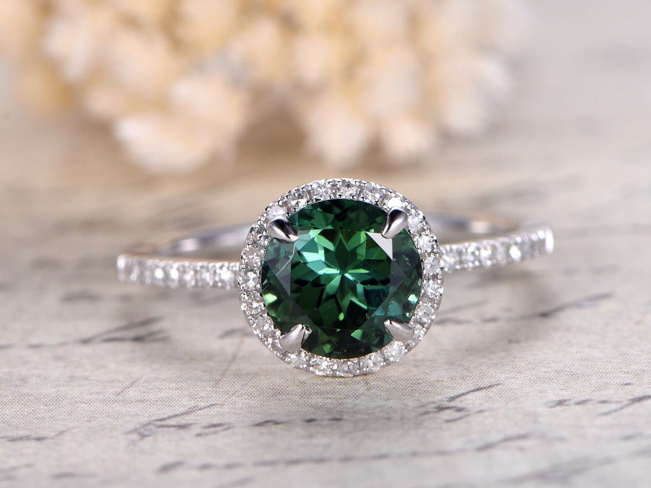 7mm Round Cut Green Tourmaline Engagement Ring 14K White Gold Diamond Halo Half Eternity