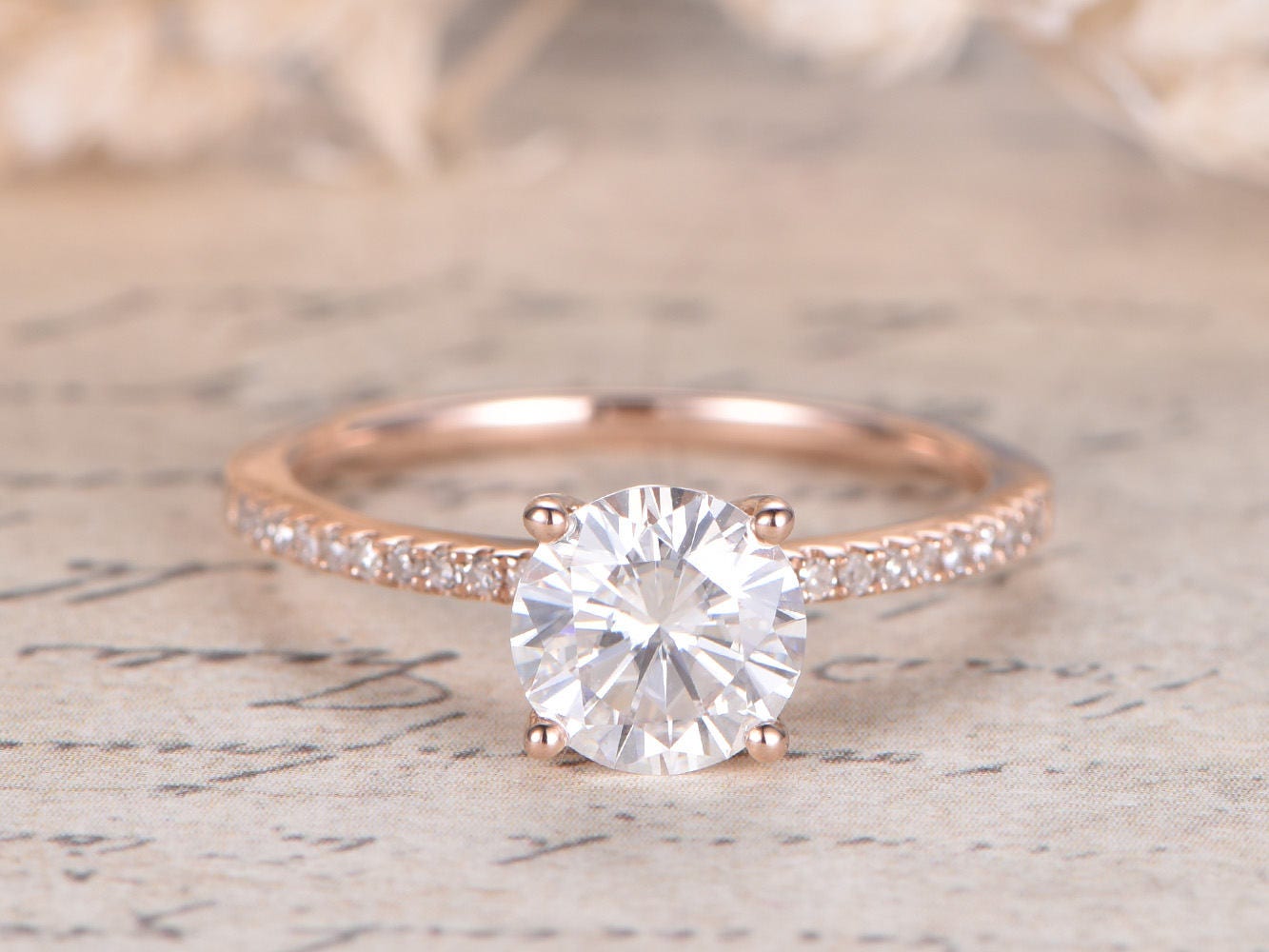 Bague en moissanite, or rose 14 carats, bague de fiançailles en moissanite, alliance en diamant, bague de mariage style Art déco, bague de mariée en moissanite de 7 mm