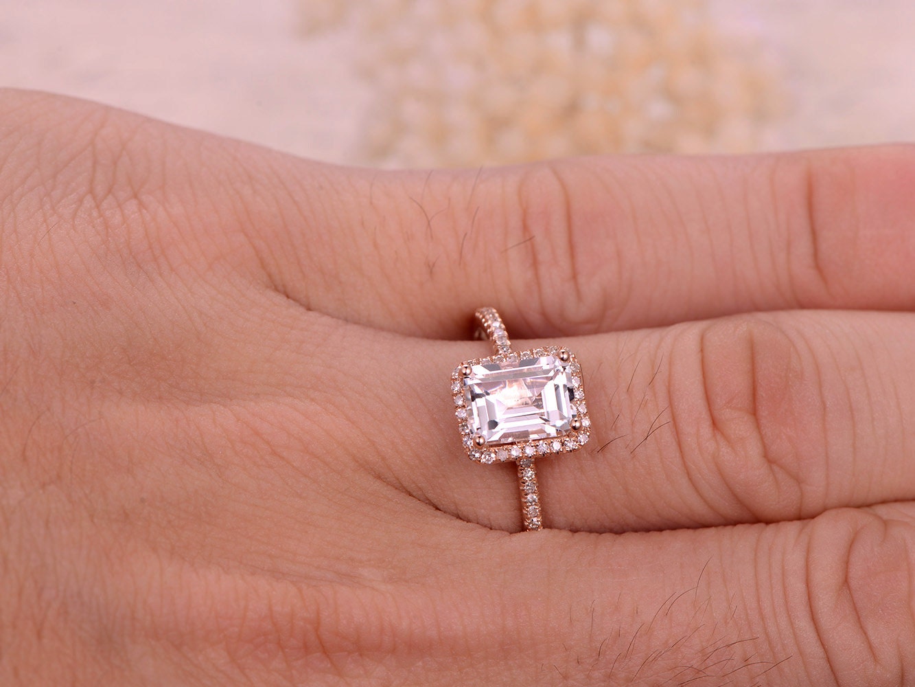 6x8mm-emerald-cut-white-topaz-engagement-ring-14k-rose-gold-diamond-halo-half-eternity-band-design-ball-prongs