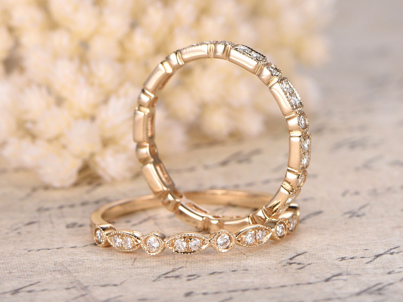 Diamond Wedding Band Set 2pcs 14K Yellow Gold Art Deco | One Half Eternity Band | One Full Eternity Band