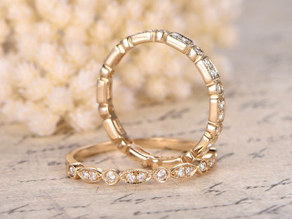 Diamond Wedding Band Set 2pcs 14K Yellow Gold Art Deco | One Half Eternity Band | One Full Eternity Band