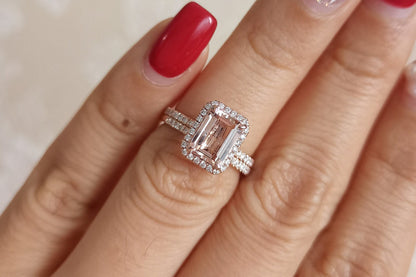Bague de fiançailles Deco Morganite, alliance en or rose et diamants, bague morganite taille émeraude 6x8mm, bague femme diamant demi-alliance