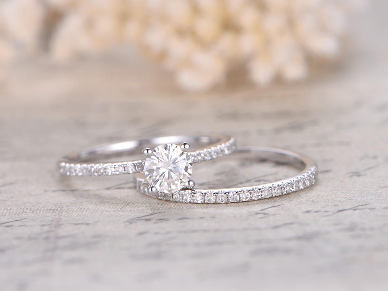 Bague de fiançailles en moissanite taille ronde de 5 mm, alliance en or blanc 14 carats massif, style anneau fin, ensemble de bagues de mariage