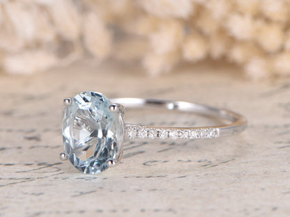 Bague de fiançailles VS en or blanc 14 carats, demi-alliance sertie de diamants, style cathédrale, aigue-marine ovale 7x9 mm.