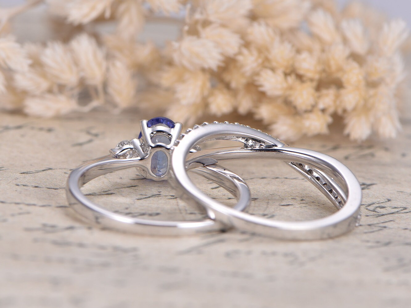 5x7mm Oval Cut Tanzanite Engagement Ring Set 2pcs 14K White Gold | Diamond Twist Matching Band