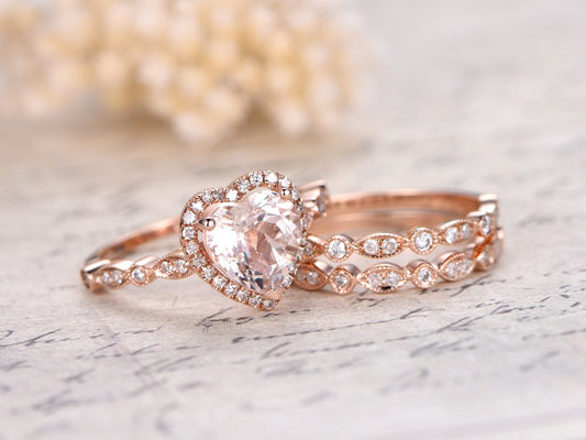 8mm Heart Cut Morganite Engagement Ring Set 3pcs 14K Rose Gold Diamond Halo | Two Art Deco Matching Band