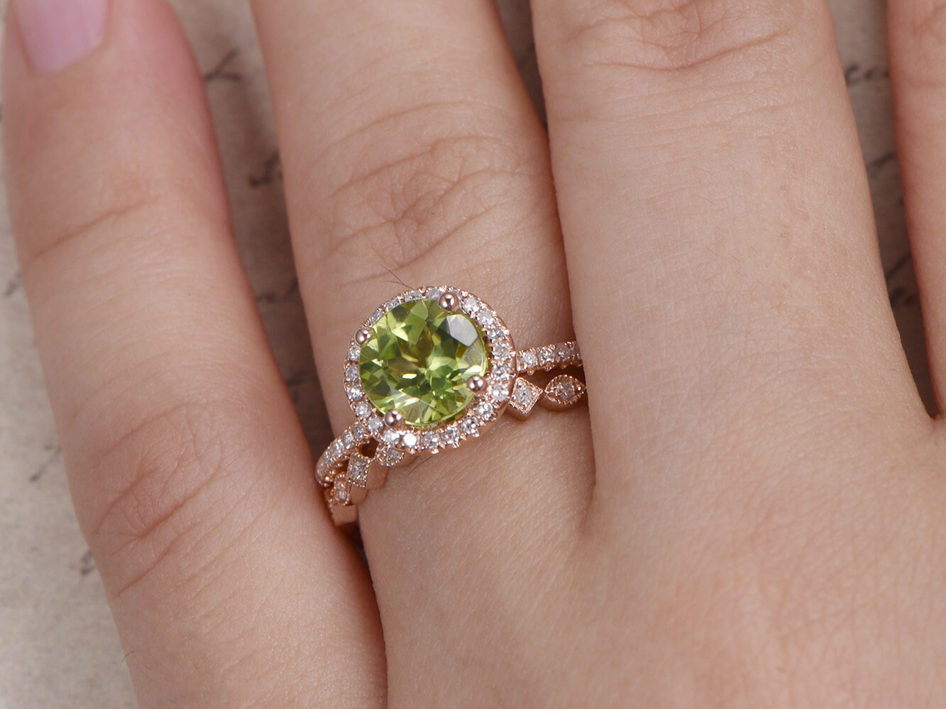 7mm Round Cut Peridot Engagement Ring Set 2pcs 14K Yellow Gold Diamond Halo | Full Eternity Art Deco Matching Band
