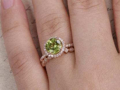 7mm Round Cut Peridot Engagement Ring Set 2pcs 14K Yellow Gold Diamond Halo | Full Eternity Art Deco Matching Band