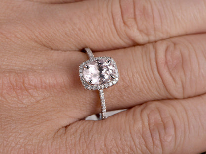 Кольцо с морганитом из белого золота 14K, обручальное кольцо с бриллиантами огранки «подушка» и ореолом из бриллиантов, помолвочное кольцо с овальным морганитом 6x8 мм, кольцо-солитер с морганитом, обручальное кольцо.