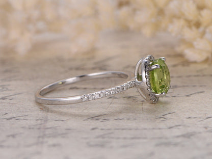 7mm Round Cut Peridot Engagement Ring 14K White Gold Diamond Halo Half Eternity Design