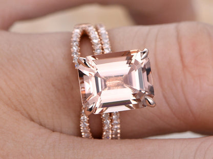 9x11mm Emerald Cut Morganite Engagement Ring Set 2pcs 14K Rose Gold Diamond Half Eternity Solitaire | Split Shank Matching Band
