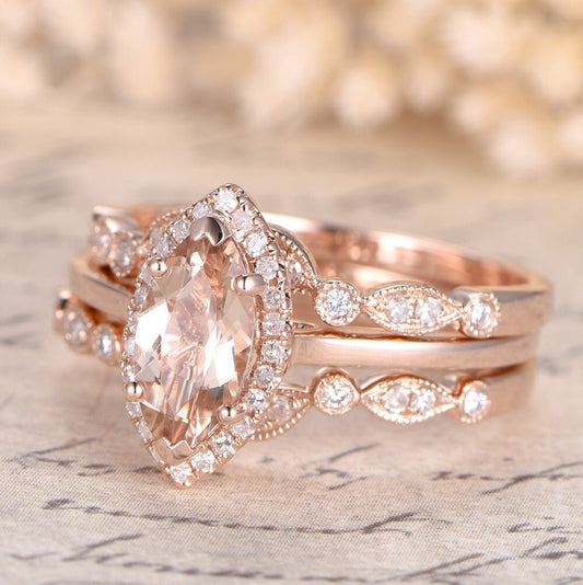 5x10mm Marquise Cut Morganite Engagement Ring Set 3pcs Diamond Halo | Two Art Deco Matching Band