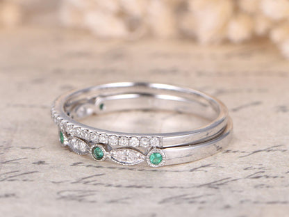 diamond-emerald-wedding-band-set-2pcs-14k-white-gold-half-eternity-design