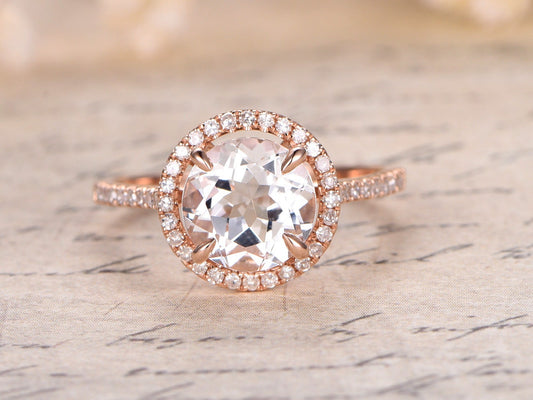 8mm Round Cut White Topaz Engagement Ring 14K Rose Gold Half Eternity Diamond Halo