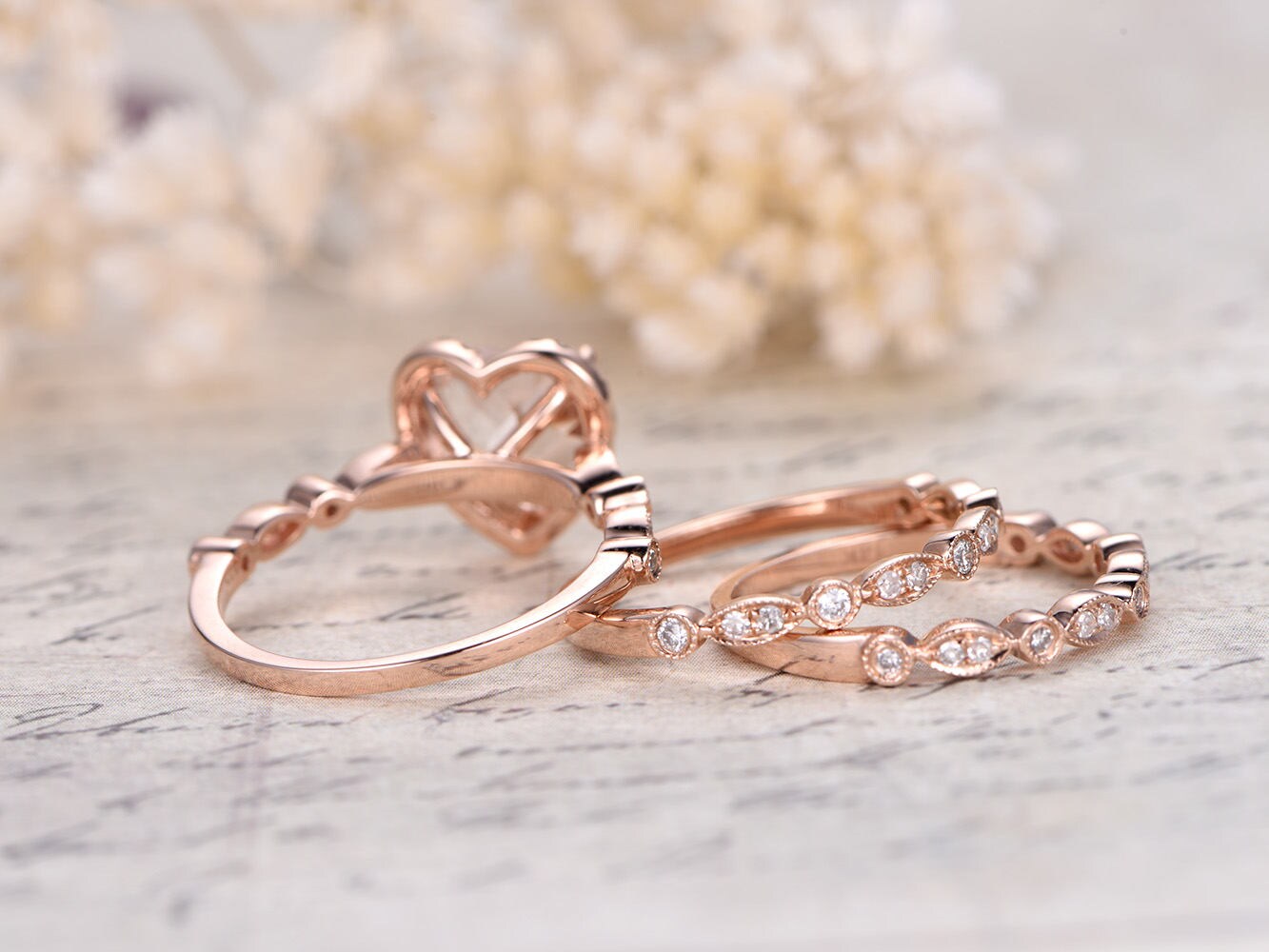 8mm Heart Cut Morganite Engagement Ring Set 3pcs 14K Rose Gold Diamond Halo | Two Art Deco Matching Band