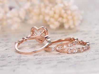 8mm Heart Cut Morganite Engagement Ring Set 3pcs 14K Rose Gold Diamond Halo | Two Art Deco Matching Band