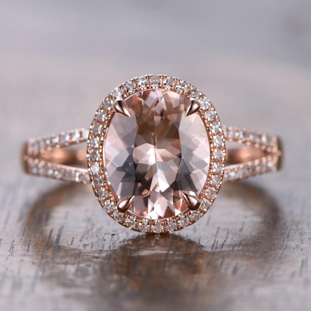 8x10mm Oval Cut Morganite Engagement Ring 14K Rose Gold Diamond Split Shank Halo Design