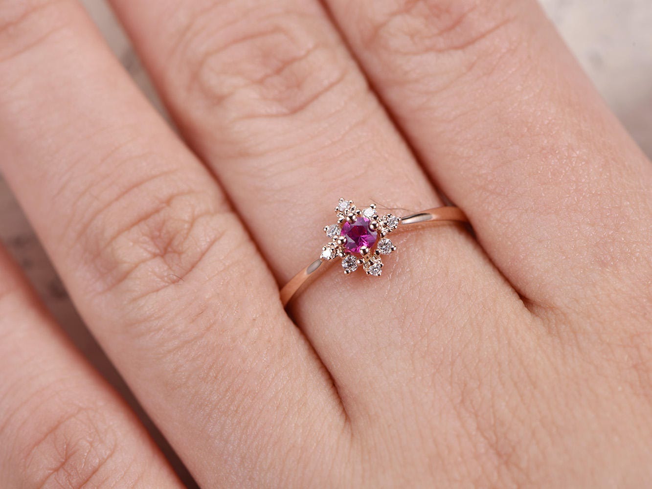 Bague de fiançailles en or rose 14 carats massif avec saphir rose VS, alliance en diamant, anneau simple, bague de promesse, bague de fiançailles délicate