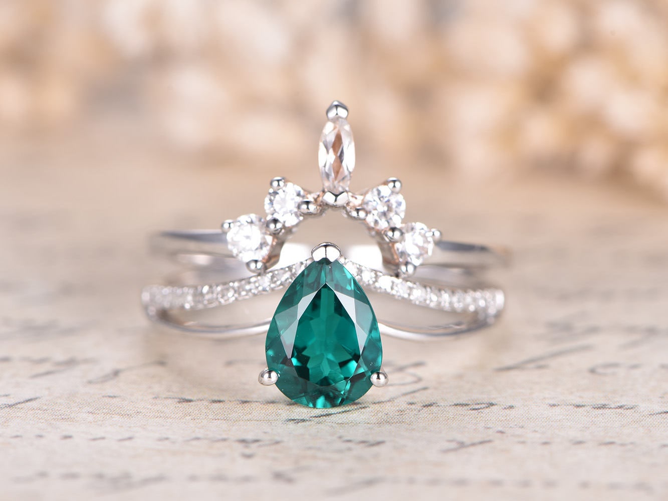 5x7mm Pear Cut Emerald Engagement Ring Set 2pcs 14K White Gold Diamond Split Shank | Topaz Curved Matching Band