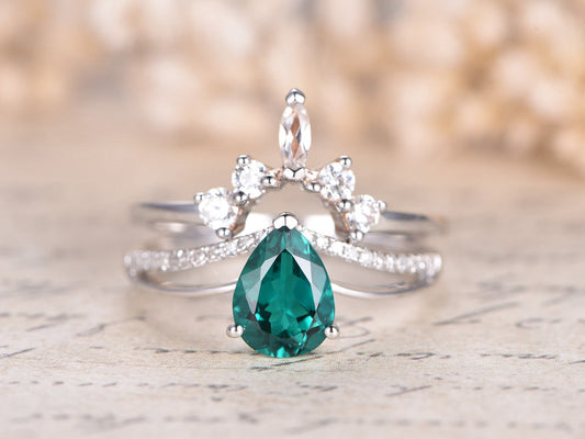 5x7mm Pear Cut Emerald Engagement Ring Set 2pcs 14K White Gold Diamond Split Shank | Topaz Curved Matching Band