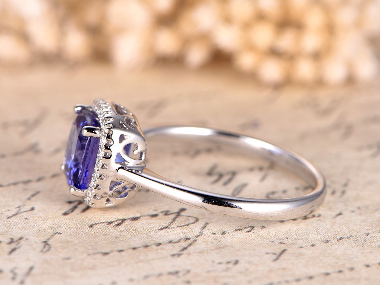 7.5mm Cushion Cut Tanzanite Engagement Ring 14K White Gold Diamond Halo